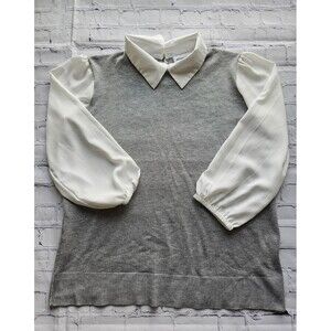 Stitchcount Gray White Collared Sweater Blouse Women’s Size L Long Sleeve Pre-Ow